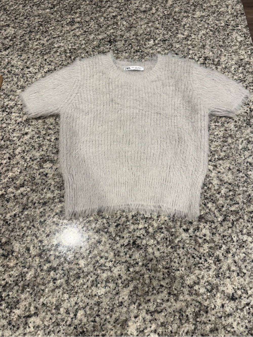 ZARA Gray Short-Sleeve Fuzzy Knit Sweater